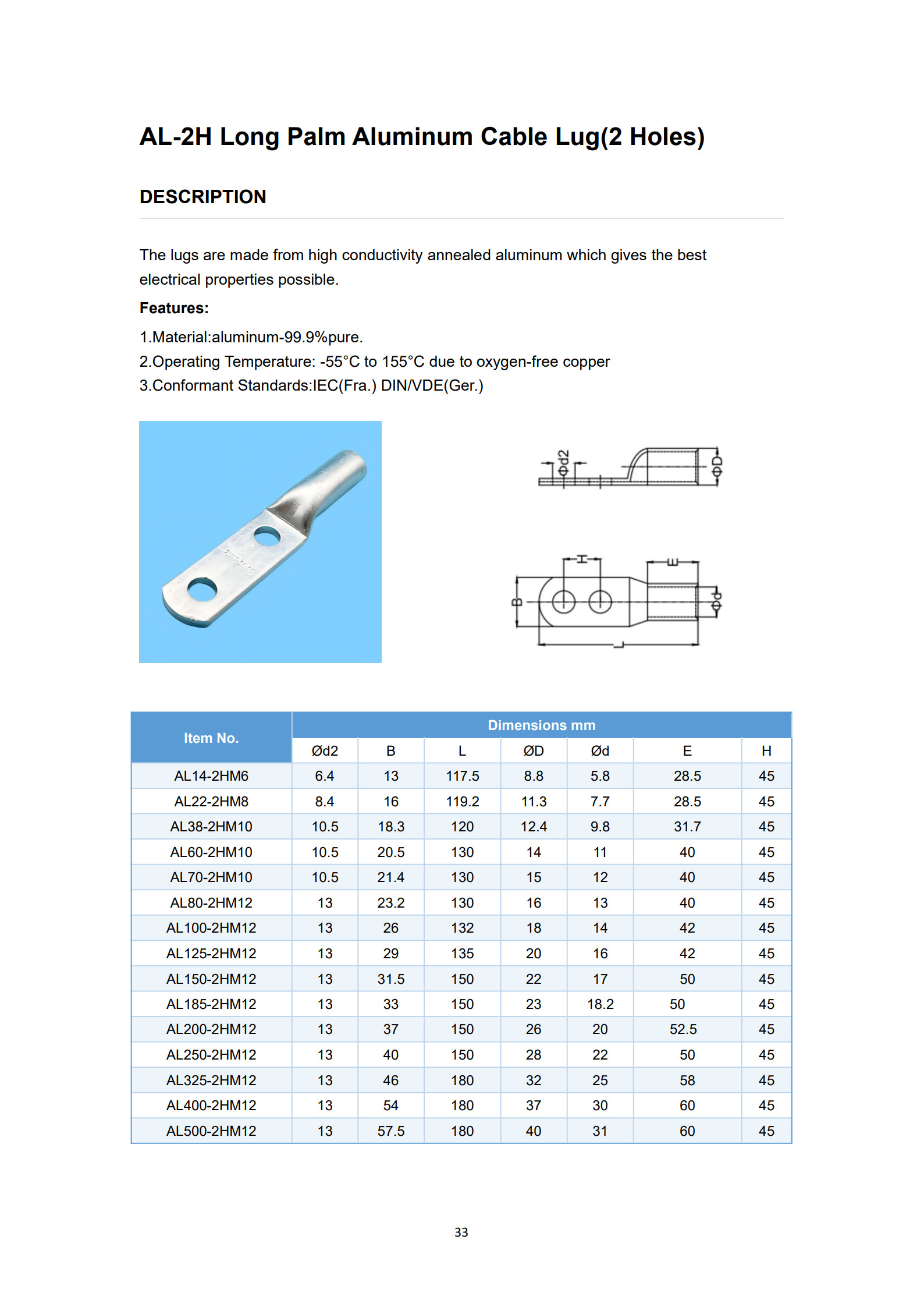AL-2H Double Holes Aluminum Cable Lugs detail 1